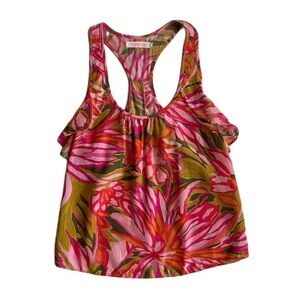 Alice & Trixie Women's Pink Floral Silk Ruffle Racerback Tank‎ Top Small